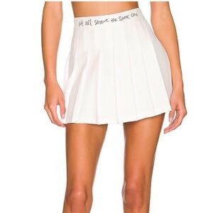 Pleated White Mini Skirt with Script Elastic Waistband